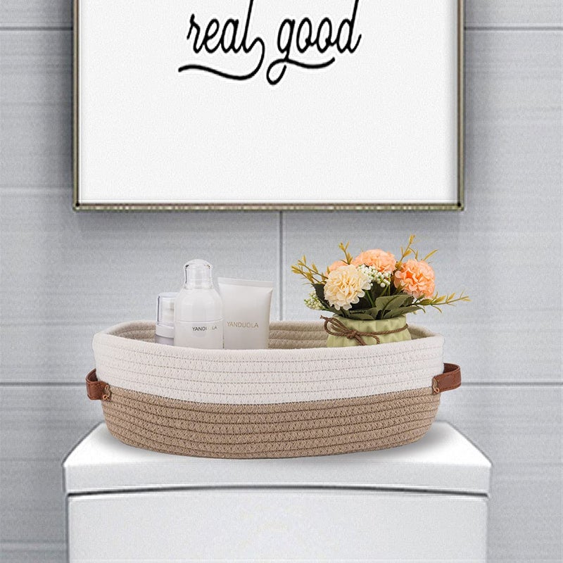 Oradrem Cotton Rope Bathroom Decor Basket Toilet Paper Holder Basket Farmhouse Home Decor Organizing Baskets 13""x5.9""x4"" Brown Stitching White - Image 2